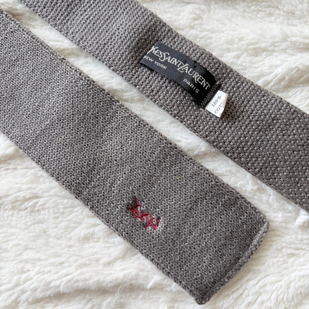 Yves Saint Laurent Men's Tie Gray Knit 100% Cotton Vintage YSL